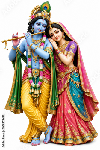 Divine Radha Krishna statues with flute and ornaments, isolated on white background. Perfect for Hindu celebrations.
