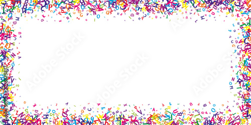 Concept of school background. Colorful childish falling letters of English language. Foreign languages study concept. Back to school banner on white background.