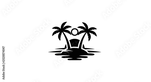 Minimalist tropical island silhouette icon with two palm trees, sun, and water reflections. Perfect for summer travel and vacation themes.