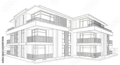 Modern multi-story apartment building architectural line drawing. Contemporary residential complex sketch with balconies and large windows.