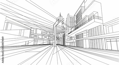 Architectural wireframe concept of a modern city street with abstract buildings, urban design, and futuristic vision blueprint.