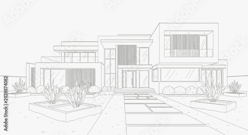 Modern luxury house architectural line art drawing. Contemporary residential building exterior design sketch with minimalist landscaping.
