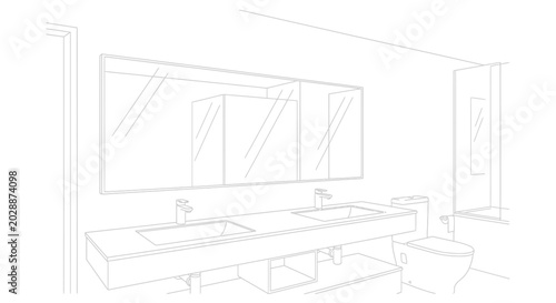 Modern bathroom interior design sketch. Minimalist architectural line drawing with double vanity, two sinks, large mirror, and toilet.