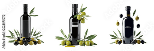 Schilderij op canvas Set of Three Bottles of Premium Extra Virgin Olive Oil Isolated on White Backgro