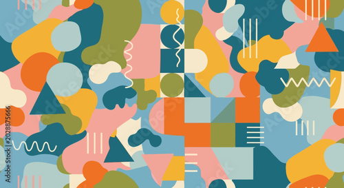 Vibrant Memphis Style Abstract Pattern with Geometric Shapes and Organic Forms