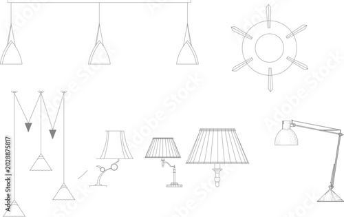 Cuadro en lienzo Collection of diverse lighting fixture symbols including conical pendants, a cir