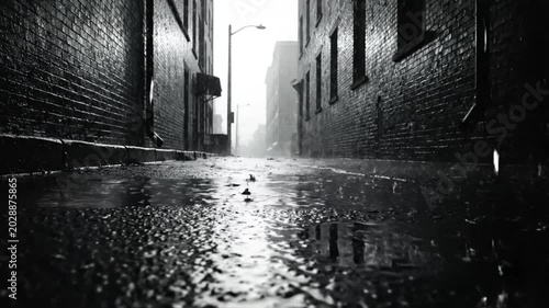 Rain falling in a narrow, brick-walled alleyway with a low-angle perspective, creating a moody, atmospheric ambiance