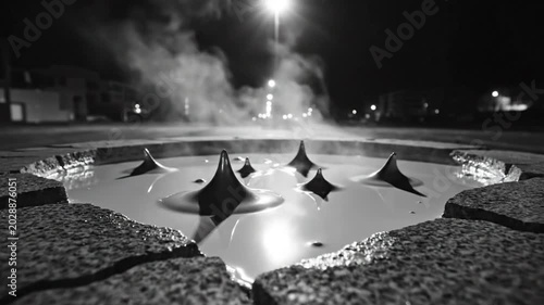 Black and white close up video of a geothermal geyser hot spring with steam at night