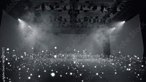 Abstract performance stage with bright lights shimmering on the floor and spotlights above with smoke