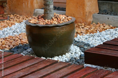 Yucca plant in a ceramic pot in a Zen rock garden with pebbles