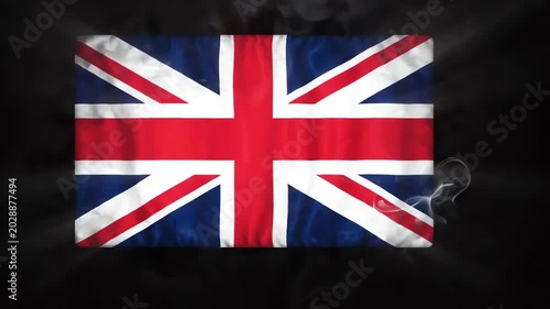 Dramatic Smoke Reveal of British Flag with Volumetric Light Rays on Black Background