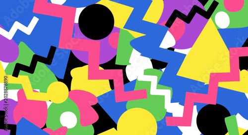 Retro Memphis Style Pattern with Geometric Shapes and Bright Colors