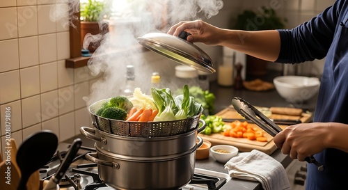 Steaming Vegetable Pot ON Stovetop.