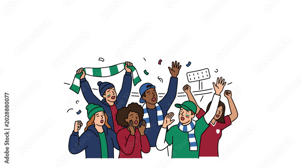 Fototapeta premium Diverse Group of Enthusiastic Sports Fans Cheering at Stadium