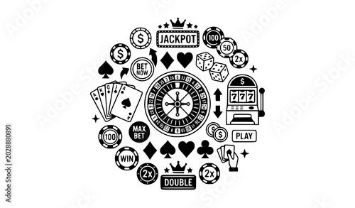 Photos Casino line and filled icon set with roulette dice cards and betting symbols cir