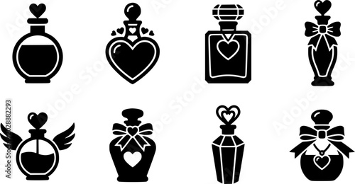love perfume bottle silhouette Valentine icon set,Black color simple Vector icons
