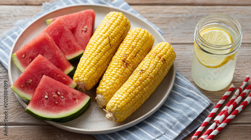 Fresh grilled corn and watermelon slices with lemonade on a striped napkin