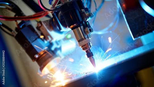 Fotografía Extreme close-up of a robotic welding nozzle with cables and sensors producing a blue arc plasma with flying sparks on a steel surface in a blue-lit automated manufacturing environment