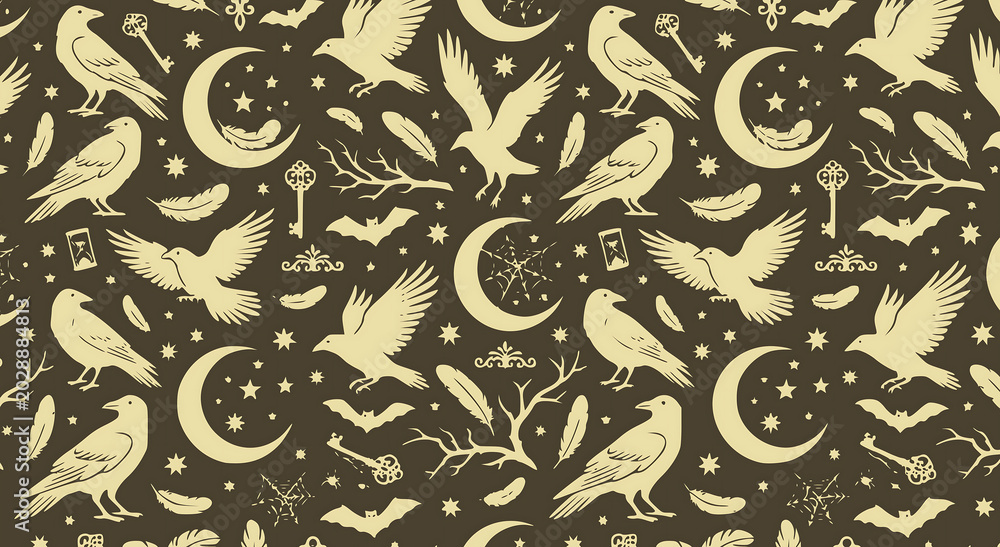 Halloween background, Gothic raven and crescent moon seamless pattern background