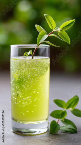 Refreshing sparkling basil tonic fizz with greenery for summer drinks or culinary design