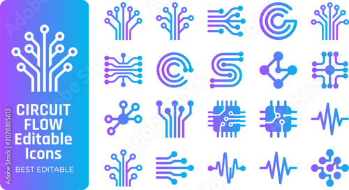 Photos Circuit flow editable icons set with gradient fill representing electronic connections and data transmission, vector art