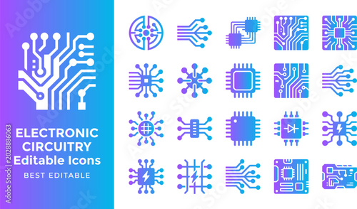 Tableau sur toile Electronic circuitry editable icons abstract technology circuit board components connection
