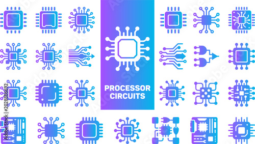 Εκτύπωση καμβά Set of processor circuit icons with gradient fill and futuristic digital connection theme
