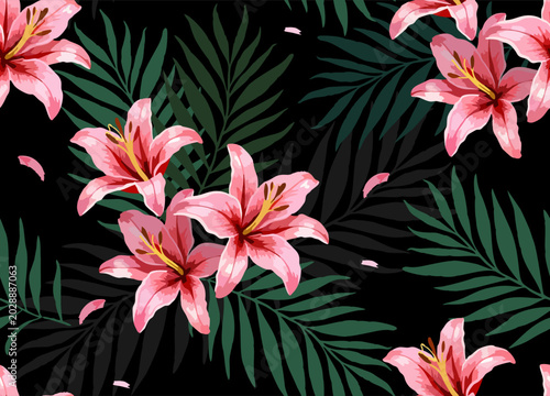 Seamless vector floral pattern. Drawing of
pink lily flowers and palm
leaves on black background.
Summer tropical design. Fashionable ornament for
women clothing, fabric, textile, notepad, paper.
