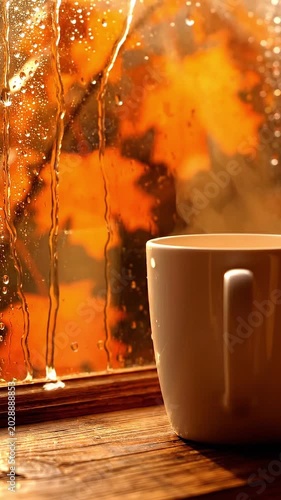 Cozy Steaming Ceramic Mug On Wooden Windowsill With Raindrops And Autumn Leaves Background