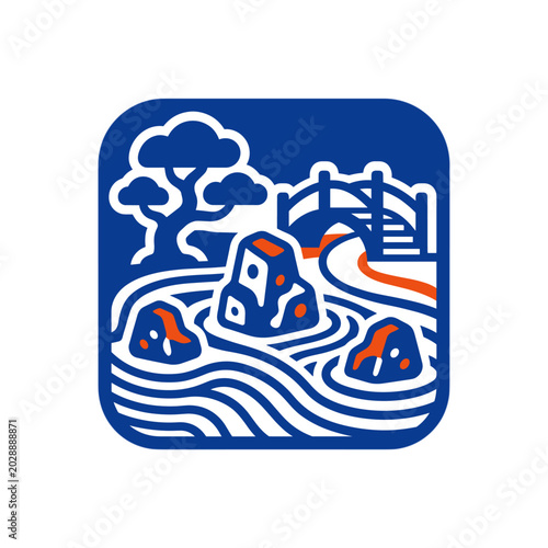 Minimalist blue and white illustration of a river landscape with rocks, trees, and waterfall