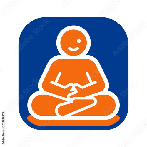 Orange meditating human figure icon centered on a blue rounded square with a white outline, presenting a wellness healthcare concept for mindfulness, meditation, mental balance, and professional