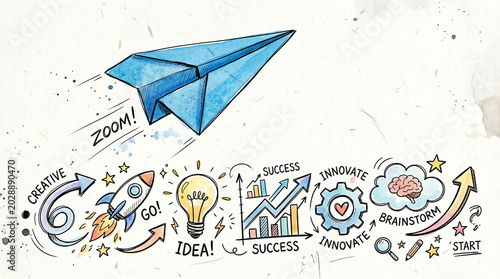 Playful hand-drawn journey of innovation and business success, illustrating creative ideas, problem-solving, and growth with a flying paper airplane and concept doodles