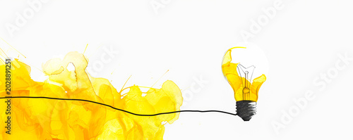 Clean idea lightbulb outline formed by line with yellow explosion creativity abstract thinking space