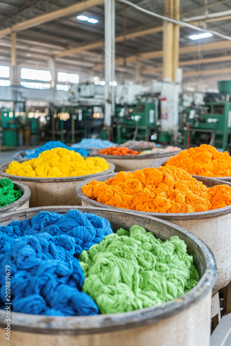 Vibrant textile dyeing process showcasing colorful yarn in factory setting