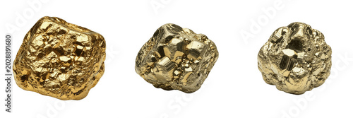 Foto Three Raw Gold Nuggets Set Isolated on White Background, Shiny Precious Metal Pi