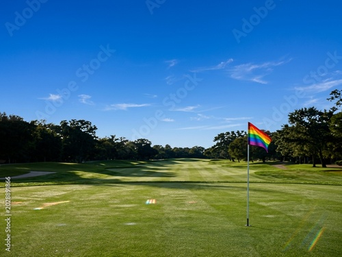Luxury Pride Golf Course Scene, featuring a rainbow Pride-themed golf flag beside a pristine putting green under soft golden sunlight. Ideal for golf clubs, sports promotions, Pride celebrations