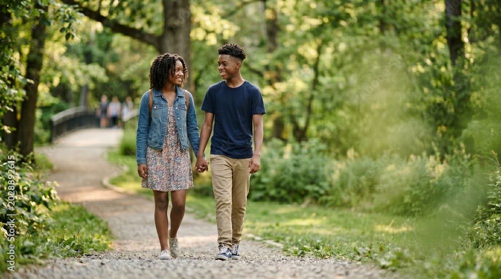 Obraz premium Young Black couple holding hands and walking on a park path
