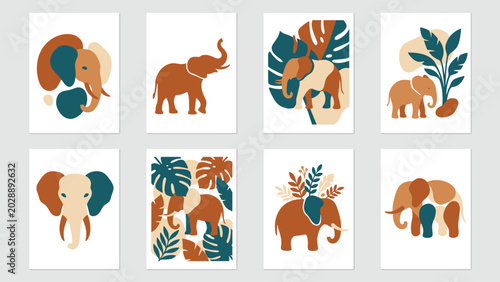 Photography Collection of eight minimalist elephant prints featuring earthy tones of terraco