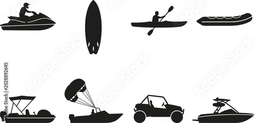 Bilde på lerret Set of eight black silhouette featuring water sports and recreational vehicles i