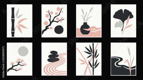 Canvas Print Set of eight minimalist zen wall prints featuring bamboo, cherry blossoms, ginkg