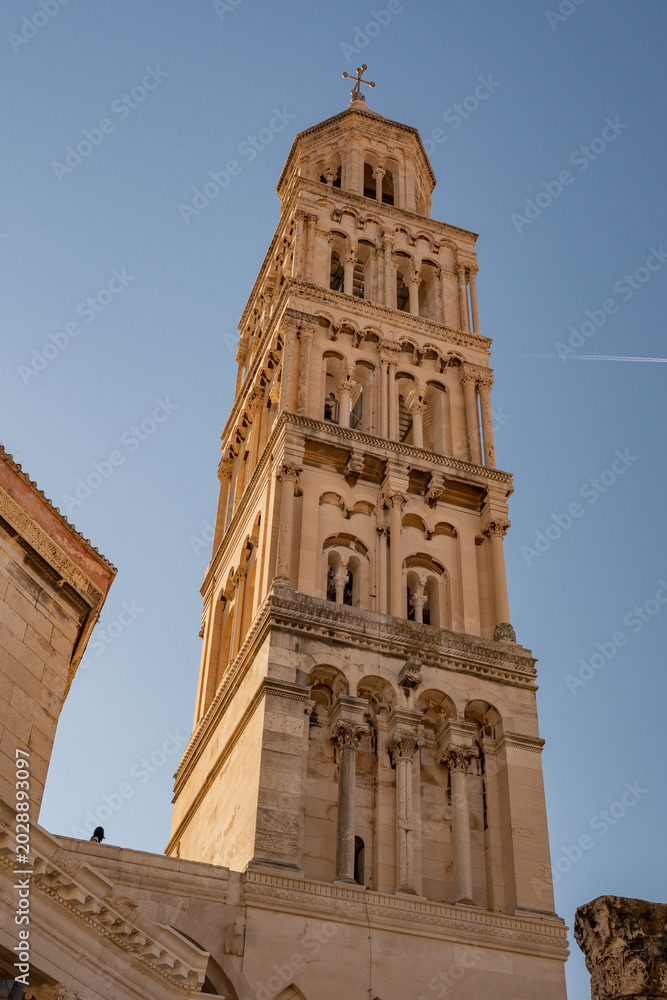 Fototapeta premium Epic Saint Domnius cathedral bell tower Split Croatia ancient architecture low angle.