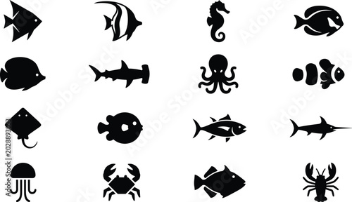 Foto Set of black silhouette representing various marine life and sea creatures inclu
