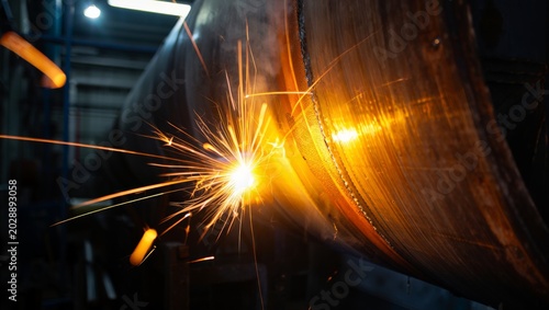 Bild auf Leinwand Dramatic close-up of a starburst of golden sparks flying from a weld point along the curved seam of a large industrial steel tank or vessel in a dark factory setting
