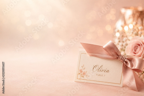 Wedding Guest Name Card with Silk Ribbon on Ivory Rose Background