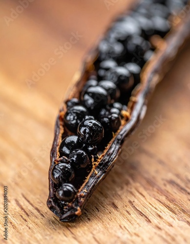 Macro closeup of ripe vanilla bean pod with black seeds split open on wooden surface, natural texture, healthy organic spice for culinary
