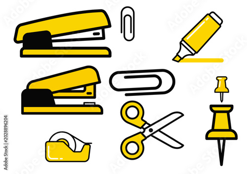 A detailed visual representation of essential office supplies showcases a stapler, highlighter, scissors, tape dispenser, push pins, and paper clips in a creative arrangement for organizational