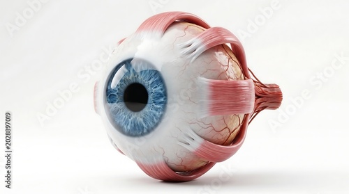 Detailed 3D rendering of a human eye, showcasing its intricate anatomy and musculature