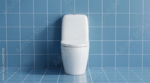 A photorealistic 3D render of a modern white toilet against a blue tiled wall