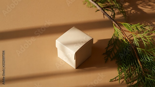 Minimalist beige cube box and green branch on textured brown surface beige box gift box present