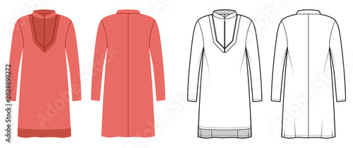 Foto Long sleeve tunic dress with decorative neckline trim, straight silhouette clean construction lines, smooth shaping minimal structure